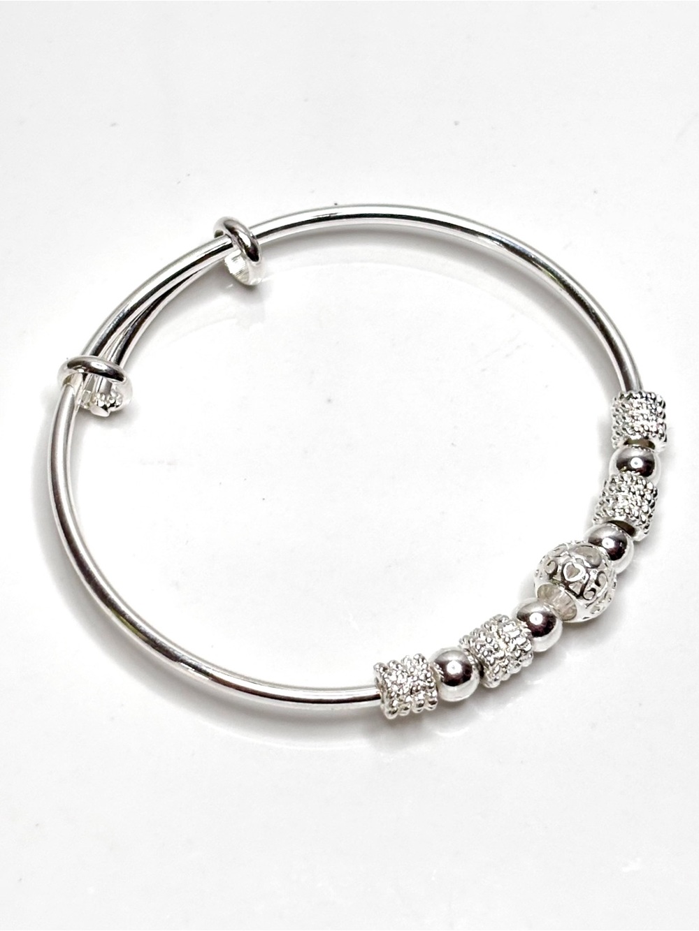 925 Sterling Silver Stamped Women’s Slip-On Expandable Bracelet Beaded